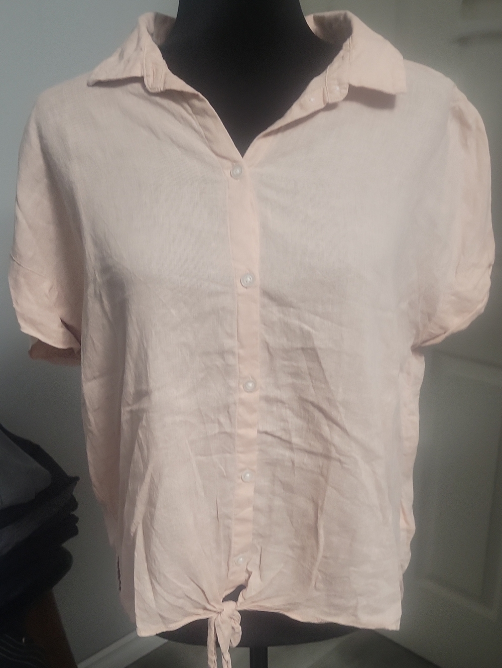 Jachs Girlfriend Large Blush Pink Linen Blend Tie Front Button Down Shirt